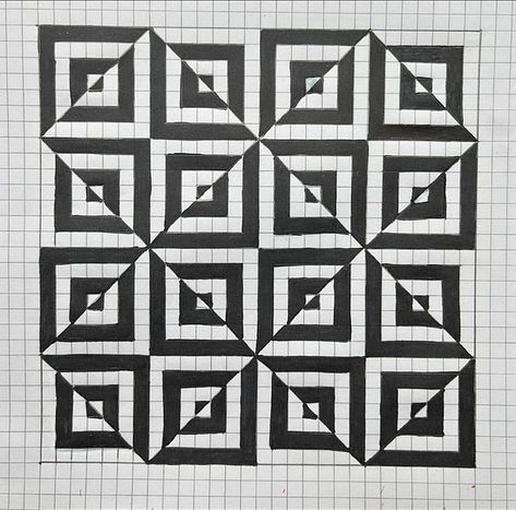 Easy Art Easy Illusion Art, Black And White Pixel Art Grid, Grid Paper Drawings, 3d Illusion Art, Optical Illusions Drawings, Geometric Shapes Drawing, Optical Illusion Quilts, Optical Illusion Drawing, Graph Paper Designs