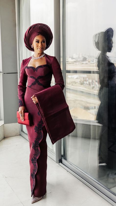 Nigerian Women Wedding Dresses, Purple Asooke For Couple, Yoruba Asoebi Styles, Aso Oke Dress Styles For Bride, Yoruba Traditional Attire For Women, Nikkah Outfit Nigeria, Burgundy Aso Oke, Nigerian Wedding Colour Ideas, Nigerian Traditional Attire For Women