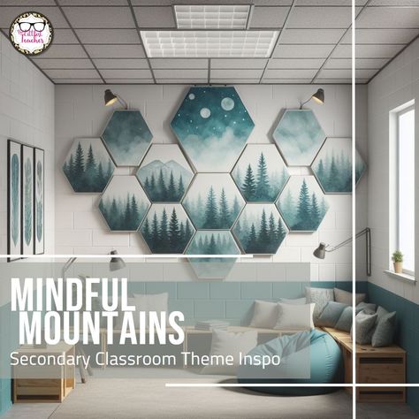 🏔 Dreaming of a serene and mindful learning environment? This calm and grounded mountain classroom theme is perfect for any middle or high school classroom.⁣ 🏔 For a truly soothing look, incorporate watercolor illustrations of majestic mountains and misty forests, a soft, cool color palette, and hand-drawn abstract patterns.⁣ 🏔 For furniture, think light wood tones, and clean lines, like Scandinavian style.⁣ 🏔 A Calm Corner with a bean bag chair or cushions, affirmation posters, and sensory i... Mountain Classroom, Calm Corner, Classroom Wall Decor, Teachers Lounge, Cool Color Palette, Affirmation Posters, High School Classroom, Misty Forest, Majestic Mountains