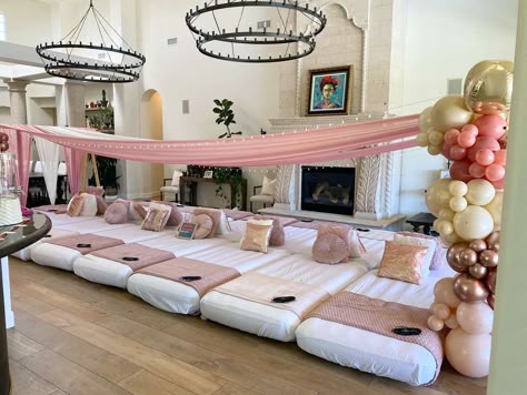 Canopy Sleepover, Rose Gold Birthday Party Ideas, Gold Birthday Party Ideas, Slumber Party Decorations, Spa Sleepover Party, Rose Gold Birthday Party, 12th Birthday Party Ideas, Sleepover Room, Sleepover Tents