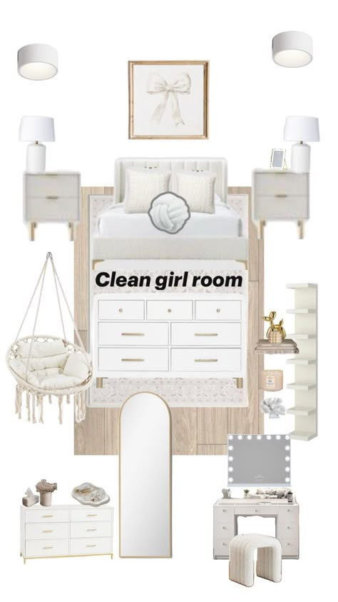 Aesthetic vanilla girl room🤍 Room Ideas Vanity, Clean Room Ideas, Bedroom Inspirations Teenage Aesthetic, White Room Decor Ideas, Vanilla Girl Room, Clean Girl Room, Aesthetic Vanilla Girl, Dream Bedroom Ideas, Beachy Room Decor