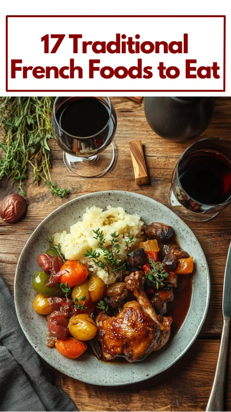 A plate of traditional French dishes, including Coq au Vin and Ratatouille, presented on a rustic dining table. Classic French Dinner Recipes, Modern Cuisine Food, Classic French Dishes Dinners, French Gourmet Recipes, Everyday French Food, Best French Dishes, Easy French Meals Dinners, French Dinner Menu Ideas, Traditional French Dishes