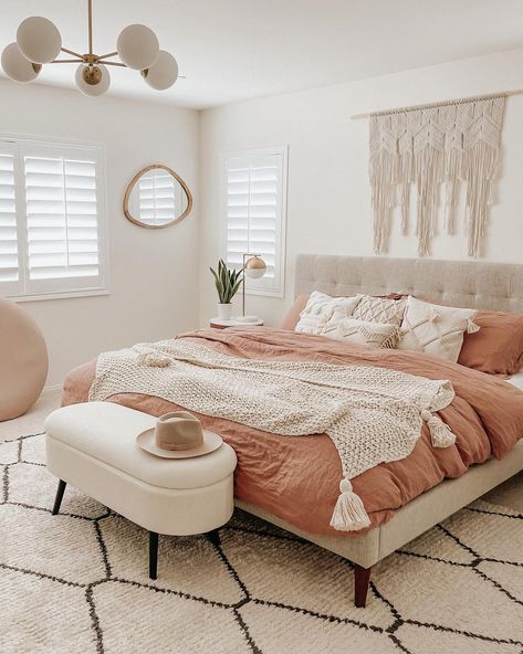 Clay linen adds rose-hued warmth to jamiesyang’s boho bedroom✨ #MyParachuteHome Terra Cotta Bedroom Decor, College Student Bedroom At Home, Pink And Wood Bedroom Ideas, Light Pink Boho Bedroom, Colorful Western Bedroom, Blush Bedding Bedroom Ideas, Nayvee Nelson Bedroom, Pink Bedding Room Ideas, Blush Pink Boho Bedroom