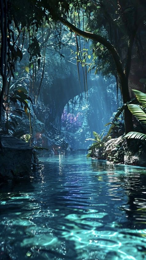 Magic Island Aesthetic, Avatar The Way Of Water Landscape, Avatar Way Of Water Aesthetic, Avatar The Way Of Water Wallpaper, Other World Aesthetic, Avatar Landscape, Avatar Forest, Fantasy River, Underwater Forest