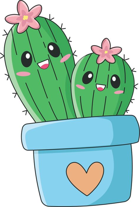 Mom and Baby Kawaii cactus Cute Cactus Drawing, Cactus Composition, Kawaii Cactus, Cactus Drawing, Images Kawaii, Walls Art, Cute Cactus, Sketches Pencil