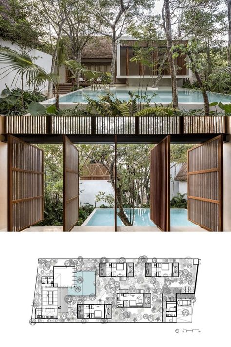 Situated in Tulum, this small boutique hotel rises between the trees, in which the main concept consisted of preserving 70% of the existing vegetation in order to build around it. By achieving this, every space of the project is always in relation to its natural surroundings. Boutique Hotel Design Architecture, Small Boutique Hotel, Tulum Resorts, Hotel Design Architecture, Boutique Hotels Design, Indoor Outdoor Bathroom, Small Boutique Hotels, Tulum Hotels, Hotel Plan