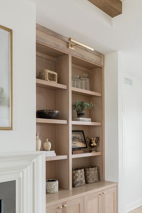 Built In Sconces, White Birch Built Ins, Mcgee Built In, One Sided Built Ins, White Oak Bookshelves, Birch Interior Design, Creative Built Ins, White Oak Cabinets Living Room, Family Room Cabinets Ideas