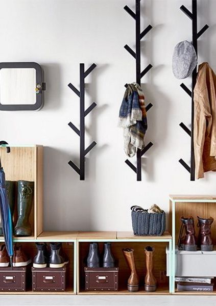 Avoid entryway clutter with open storage boxes for shoes and racks for hats and jackets. ... Hall Mudroom, Jacket Closet, Coat Room, Coat And Shoe Storage, Vstupná Hala, Hallway Entry, Entry Room, Diy Coat Rack, Diy Coat