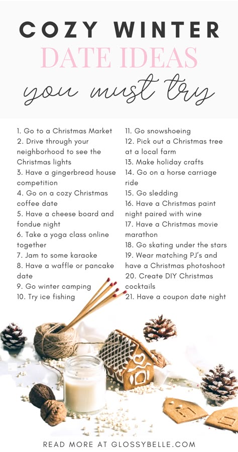 Winter Date Ideas List, Things To Do Winter Bucket Lists, Hygge Date Night, Winter Couple Bucket List, Winter To Do List Couples, Season Date Ideas, Winter Date Bucket List, Christmas Couples Bucket List, Couples Winter Bucket List