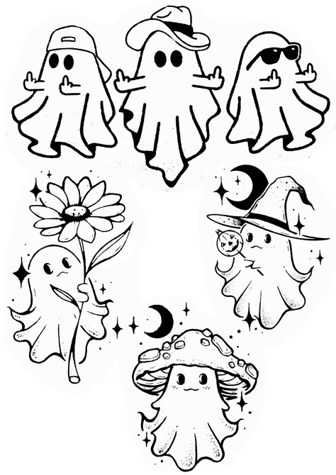 2 Ghosts Drawing, Art Sketchbook Halloween, Ghost Sheet Tattoo, Ghost Flipping Off Tattoo, Halloween Tiny Tattoo, Spooky Flash, Spooky Doodles, Halloween Tattoo Flash, Mini Ghost