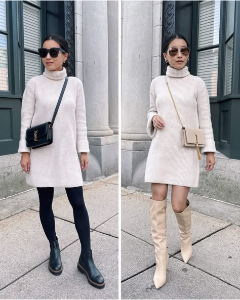 how to style a chunky sweater dress with boots // click the link to see how Boston blogger Jean Wang styles a mini-length sweater dress with 3 different styles of shoes: Chelsea boots, sneakers and knee high boots White Knit Dress Outfit, White Sweater Dress Outfit, Outfit Ideas With Tights, Ways To Wear A Sweater, Sweater Over A Dress, Sweater Dress Outfit Ideas, Sweater Dress Outfit Winter, Chunky Sweater Dress, Flat Chelsea Boots