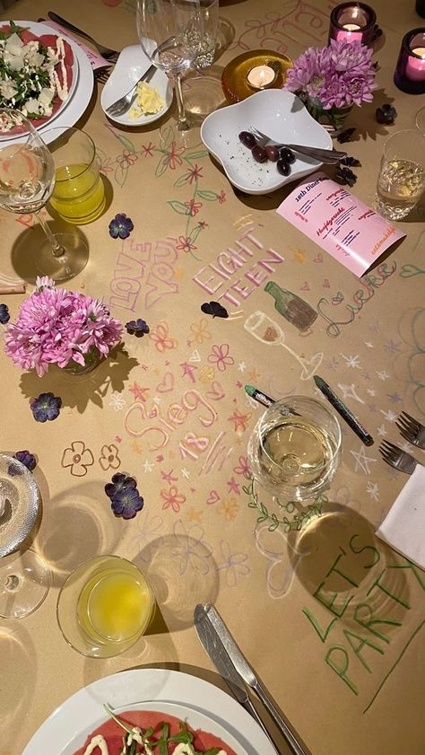 22nd Birthday Dinner Party, Craft Station Party, Cute Birthday Dinner Ideas, Paper Tablecloth Drawing, Birthday Dinner Activities, Cold Birthday Party Ideas, 2024 Birthday Ideas, Thrifted Birthday Party, 18th Dinner Party