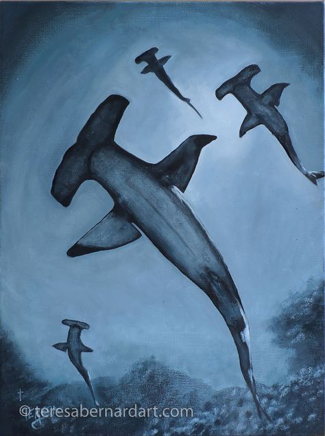 hammerhead sharks, monochromatic, oil painting, Teresa Bernard Marine Animal Painting, Sea Creatures Painting Easy, Shark Oil Painting, Blue Monochromatic Painting, Monochromatic Art Ideas, Monochromatic Painting Easy, Monochromatic Painting Ideas, Monochromatic Drawing, Monochromatic Watercolor