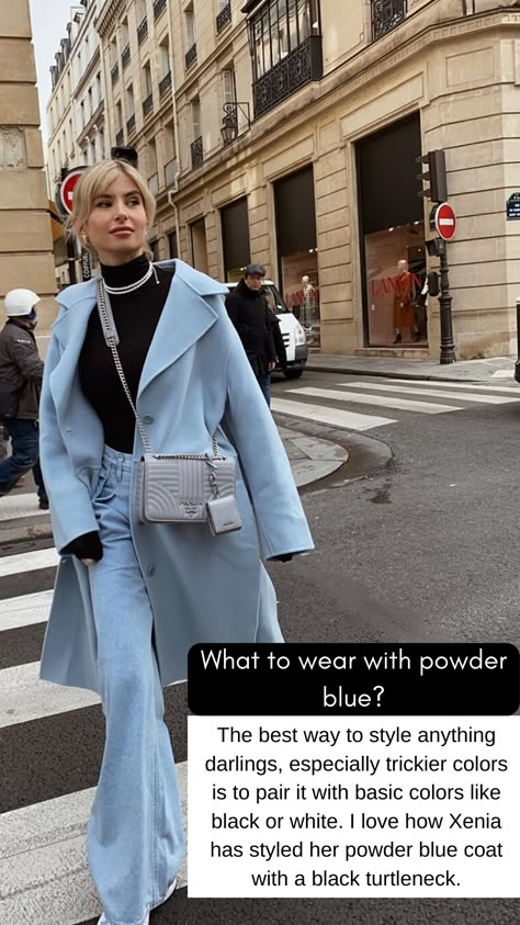 Blue Cold Outfit, Powder Blue And Black Outfit, Powder Blue Trench Coat Outfit, Sky Blue Winter Outfit, Light Blue Long Coat Outfit, Pale Blue Bag Outfit, Powder Blue Clothes, Outfits With Blue Trench Coat, Powder Blue Jacket Outfit