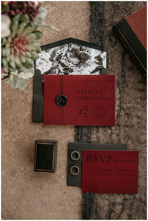 Halloween Styled Shoot, Dark Red Wedding, Dark Romantic Wedding, Vampire Wedding, Edgy Bridal, Black Red Wedding, Dark Wedding Theme, Red Wedding Invitations, Red Wedding Theme