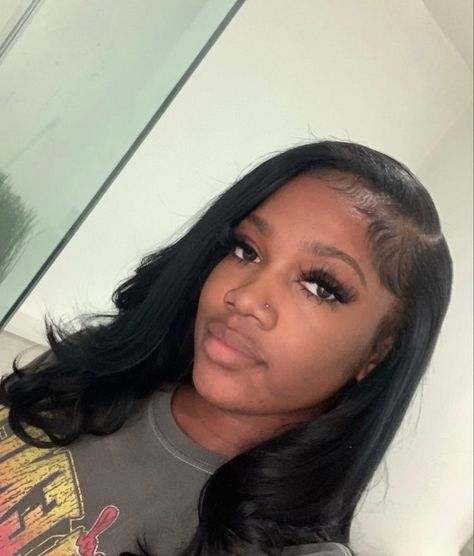 Side Part Pressed Hair, Sew In Shoulder Length Hair Black Women, Side Part Straight Hair Black Women Natural Hair, Silk Press Natural Hair Bumped Ends, Natural Hair Pressed Out Silk, Natural Leave Out Sew In, Side Part With Leave Out, Side Part Sew In Medium Length, Quickweave Side Part Leave Out