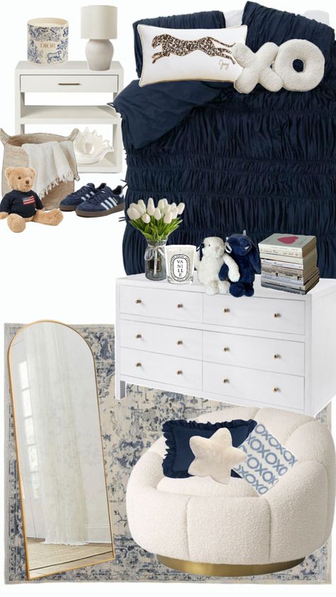 #navy #blue #navyblue #ralphlauren #bedroom #bed #roominspo #aesthetic #cute #love #cheetah #cheetahprint #y2k #2000s Navy Room Decor, Navy Blue Bedroom, Blue Dorm, Blue Room Decor, Small Room Makeover, Luxury Room Bedroom, Dorm Room Inspiration, Room Redesign, Girly Room