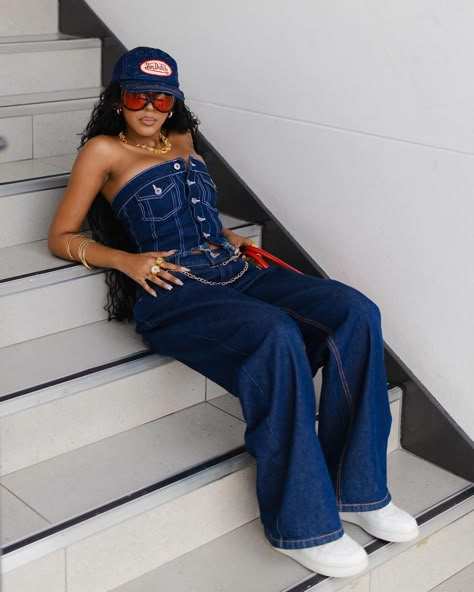 Denim To Denim Outfit, Styling A Denim Dress, All Denim Outfits For Black Women, Fashion Inspo Outfits Street Style, Denim Over Denim Outfit, Denim On Denim Outfits For Women, Black Woman Fashion Aesthetic, Denim On Denim Outfit Black Women, Denim Outfit Black Women