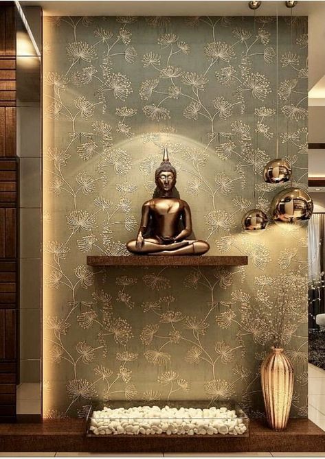 Buddha Wall Decor, Buddha Home Decor, Indian Room Decor, House Wall Design, Buddha Decor, Temple Design For Home, Hall Interior Design, Pooja Room Door Design, Pooja Room Design