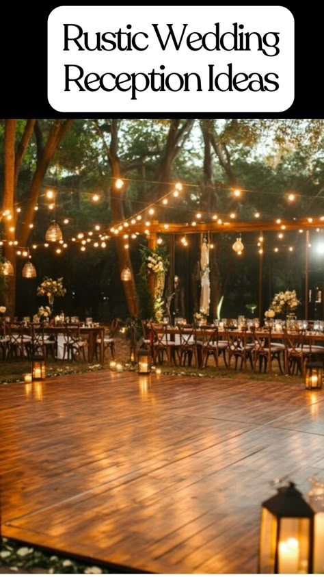 Rustic wedding reception with barnwood dance floor, string lights, and DIY table decorations. Elegant Farmhouse Wedding Decor, Tented Backyard Wedding Reception, Backyard Wedding Table Centerpieces, Modern Rustic Wedding Decor Receptions, Rustic Outdoor Wedding Table Decor, Carport Wedding Reception, Morning Reception Ideas, Backyard Wedding Rustic, Picnic Table Decor Wedding