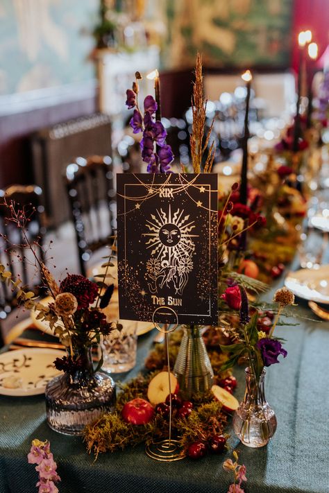 Unique Wedding Colour Schemes, Pagan Wedding Centerpieces, Witchy Wedding Reception, Autumn Celestial Wedding, Gothic Woods Aesthetic, Celestial Wedding Table Setting, Witchy Wedding Flowers, Celestial Wedding Tuxedo, Subtle Celestial Wedding