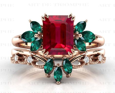 Emerald And Ruby Ring Vintage, Red Emerald Ring, Ruby And Gold Engagement Ring, Emerald And Ruby Ring, Ruby And Emerald Ring, Gold And Ruby Ring, Ruby Wedding Ring Set, Ruby Engagement Ring Set, Ruby Wedding Ring