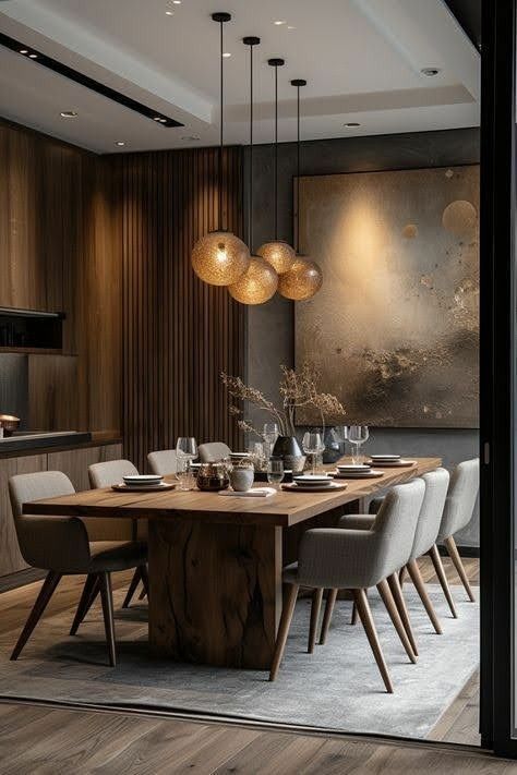 Dining Room Decor Wood, Dinning Room Lighting Over Table, Dining Room Ideas Modern Luxury, Modern Dinning Ideas, Dinning Room Decor Ideas Modern Luxury, Dining Room Dark Table, Dining Table Design Modern Luxury, Lux Dining Room, Diner Room