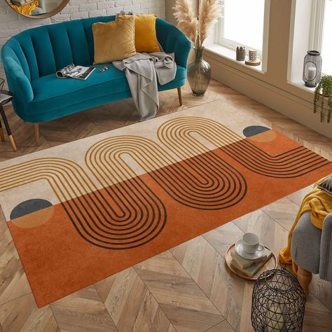 Colorful Boho Chic Living Room, Mid Century Carpet, Modern Colorful Rugs, Mid Century Modern Rugs, Mid Century Modern Rug, Area Rug Kitchen, Boho Chic Living Room, Interesting Interiors, Contemporary Living Room Design