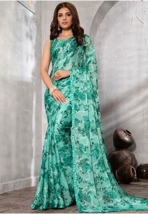 Yellow Chiffon Printed Saree Plain Chiffon Saree, Green Georgette Saree, Turquoise Green Color, Brasso Saree, Latest Silk Sarees, Pure Chiffon Sarees, Chiffon Sarees, Floral Print Sarees, Orange Chiffon