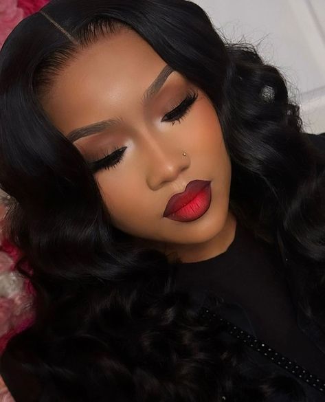 Black Makeup On Black Women, Soft Makeup Look With Red Lip, Makeup Ideas Black Woman, Natural Red Makeup Looks Black Women, Makeup For Birthday Photoshoot, Black Woman With Red Lipstick, Black Woman Red Lipstick Makeup, Natural Makeup Red Lips Black Women, Red Lipstick Makeup Prom