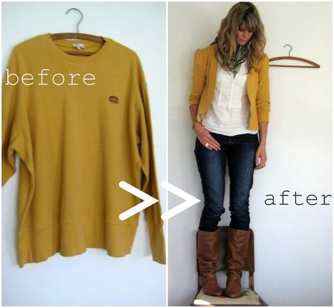 XL men's sweatshirt into a comfy cardigan~ this is genius. i'll never look at a thrift store the same way now :) Diy Sy, Comfy Cardigan, Cute Blazers, Mode Tips, Diy Vetement, Old Sweater, Creation Couture, Sewing Clothes, Sewing Inspiration