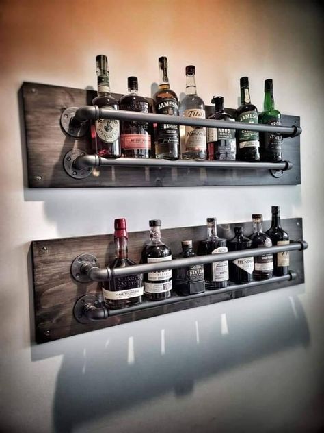 Bar Shelves Ideas, Bar Shelf Ideas, Bourbon Room, Liquor Shelf, Rope Shelf, Liquor Bar, Basement Bar Designs, Bar Shelves, Diy Home Bar