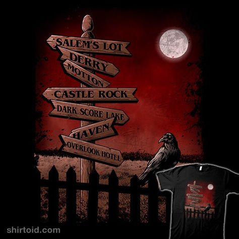 Horror Crossroads | Shirtoid #bagofbones #book #carrie #cujo #film #horror #it #movies #salemslot #saqman #stephenking #theshining #thetommyknockers Stephen King Tattoos, Taz Tattoo, Salem Lot, Steven King, King Tattoo, Stephen King Novels, Day Of The Shirt, Stephen King Books, King Tattoos