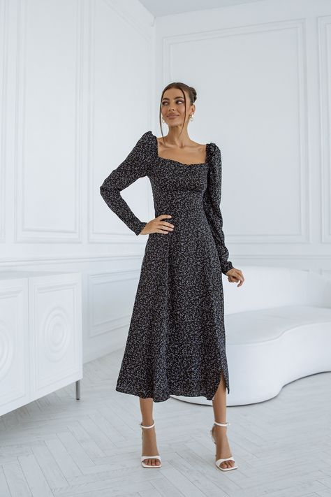 Step into the spotlight with our Black Square Neck Puff-Sleeve Midi Dress. The dress's square neckline exudes confidence and elegance, while the puff sleeves offer a playful twist. It's a stunning choice for any soirée that demands a dash of glamour. #blackdress #mididress #squareneck #eveningdress #promdress #partydress #weddingdress #style #womendress #dresslover #fashion Square Neckline Long Sleeve, Backless Midi Dress, Wear Store, Blouse Sale, Belted Midi Dress, That Dress, Silk Slip Dress, Puff Sleeve Dresses, Sleeve Midi Dress