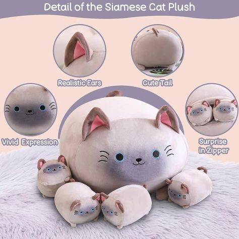 SQEQE Siamese Cat Plush, Cute Siamese Cat Stuffed Animals Mommy with 4 Squishy Kitties in her Tummy, Soft Siamese Cat Plushies Pillow Gifts for Kids, Animals - Amazon Canada Cat Plushies, Kids Animals, Amazon Canada, Stuffed Animal Cat, Cat Plush, Siamese Cats, Pillow Gift, Stuffed Animals, Gifts For Kids