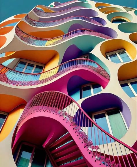 Bright Architecture, Colorful Buildings, Fantasy Design, Unusual Homes, Colourful Buildings, Lazy Oaf, Unique Architecture, Arte Inspo, Apartment Furniture