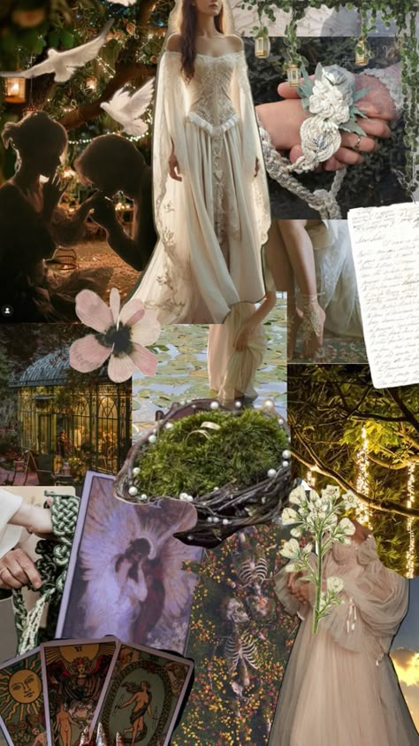 Forest Green And White Wedding Dress, Fairycore Wedding Aesthetic, Dark Cottage Core Wedding, Elves Wedding, Woodland Fairy Wedding Dress, Goblincore Wedding, Wedding Moodboard Inspiration, Fairy Core Wedding, Fae Wedding