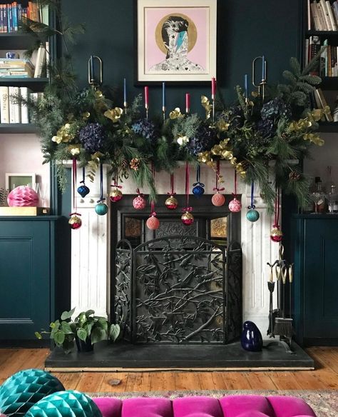 Times Property on Instagram: “Up your garland game for Christmas 2021 like Emily Murray of @pinkhouseliving 💛💚💙💜 Her mantelpiece is beckded with baubles, candles and…” Christmas Mantel Decorations, Christmas Mantle, Christmas Inspo, Christmas Fireplace, Christmas Mantels, Mantel Decorations, Christmas Deco, Christmas Garland, Cozy Christmas