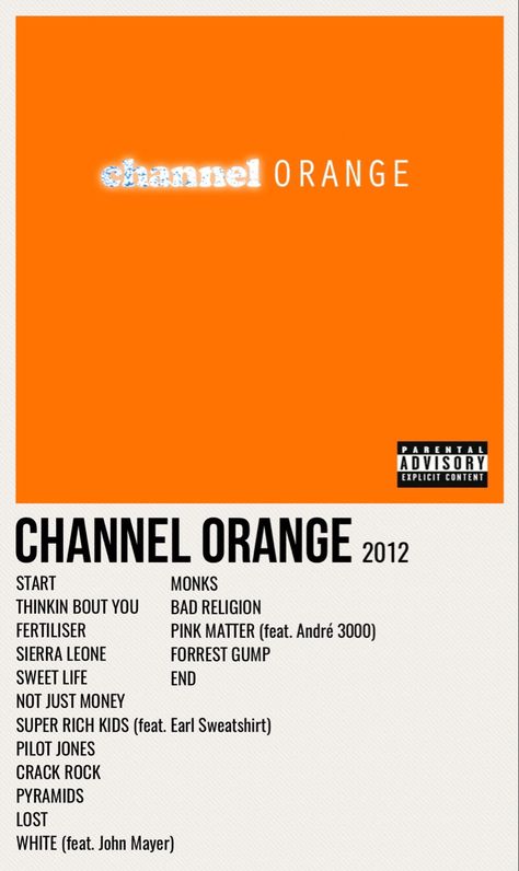 minimal poster of the album channel orange by frank ocean Chanel Orange Album Cover, Frank Ocean Album Cover Poster, Chanel Orange Frank Ocean Poster, Chanel Orange Poster, Daniel Caesar Album Cover, Chanel Orange Frank Ocean, Super Rich Kids Frank Ocean, Frank Ocean Album Poster, Channel Orange Album Cover