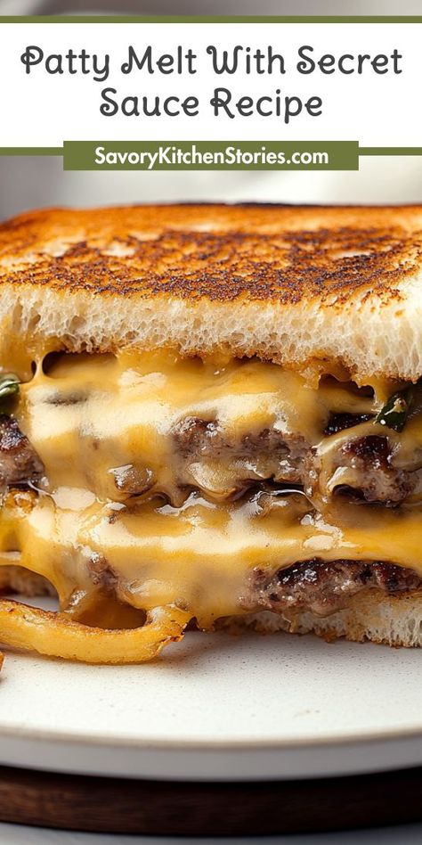 Savor the ultimate comfort food with this Patty Melt with Secret Sauce recipe! Perfectly seasoned ground beef pairs with melted cheese and caramelized onions, all topped with a zesty secret sauce. Elevate your Ground Beef Recipes with this mouthwatering twist on a classic favorite. Perfect for lunch or dinner! Beef Bread Recipe, Hamburger Patties Meals, Patty Melt Sauce Recipe, Easy Patty Melt, Secret Sauce Recipe, Beef Patties Recipes, Patty Melt Recipe, Hand Pies Savory, Veggie Patties