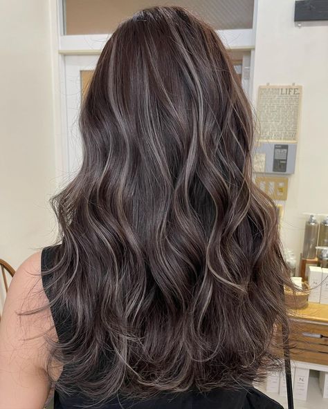 Balayage Hair Long Layers, Highlights For Light Brown Curly Hair, Cool Light Brown Highlights, Dark Brown With Ashy Highlights, Cool Toned Balayage On Dark Hair, Dark Hair Light Ends, Dark Roots Brown Hair Balayage, Espresso Martini Brunette Hair, Soft Dimensional Brunette