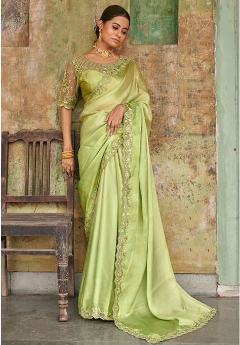 Green Satin Saree, Gorgeous Saree, Party Sarees, Party Wear Saree, Satin Saree, Green Saree, Trendy Sarees, Pistachio Green, Wear Saree