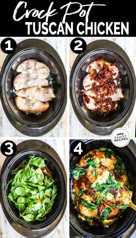 This Crockpot Tuscan Chicken is the absolute best slow cooke recipe for a busy night. This crock pot recipe only has a few ingredients and is packed with flavor! Tender chicken breast, garlic, sun dried tomatoes, and artichokes cook together for the most delicious and healthy crockpot dinner! Serve the slow cooker Tuscan Chicken with pasta, vegetables, or mashed potatoes for a filling and delicious easy weeknight dinner idea! Crock Pot Chicken And Veggies Recipes, Chicken Vegetable Crockpot Recipes, Crock Pot Healthy Recipes, Tuscan Chicken Crockpot, Chicken Breast Crock Pot, Tuscany Chicken, Chicken Breast Crockpot, Crockpot Tuscan Chicken, Slow Cooker Tuscan Chicken