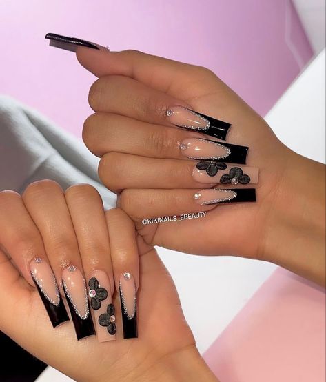 French Gel Nails, Marilyn Nails, Coffin Nail Art, Almond Acrylic Nails Designs, Black Coffin Nails, Tapered Square Nails, Square Nail, Matte Black Nails, Elegant Nail