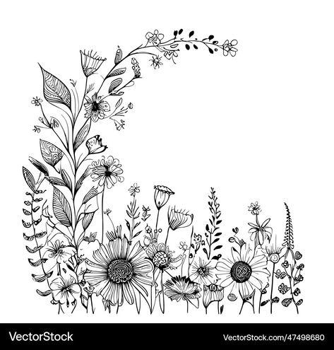 Line Drawn Flower Tattoo, Row Of Flowers Drawing, Flower Garden Drawing Easy, Wild Flower Drawing Simple, Flower Line Drawing Botanical Illustration, Wild Flowers Drawing Sketch, Wildflower Drawing Simple, Drawn Flowers Simple, Wild Flower Sketch