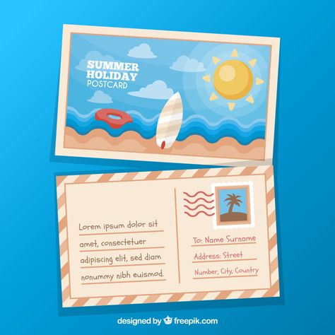 Cute summer beach postcard in flat design Free Vector Postcard Design Ideas Creative, Peepul Tree, Cute Postcards, Post Card Design, Summer Template, Postcard Ideas, Summer Banner, Background Designs, Art Apps