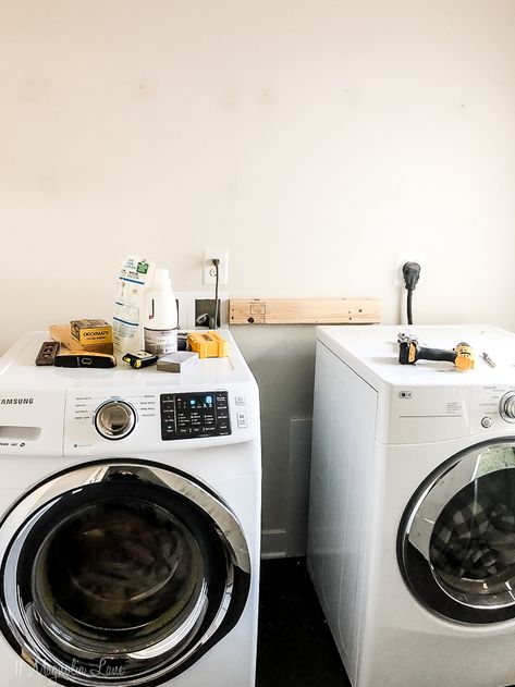 Easy Updates In Our Laundry Room Counter Top On Washer And Dryer, Wood Laundry Room, Laundry Room Counter, Diy Laundry Room, Laundry Room Countertop, Stacked Laundry Room, Laundry Room Ideas Small Space, Dream Laundry Room, Laundry Room Closet