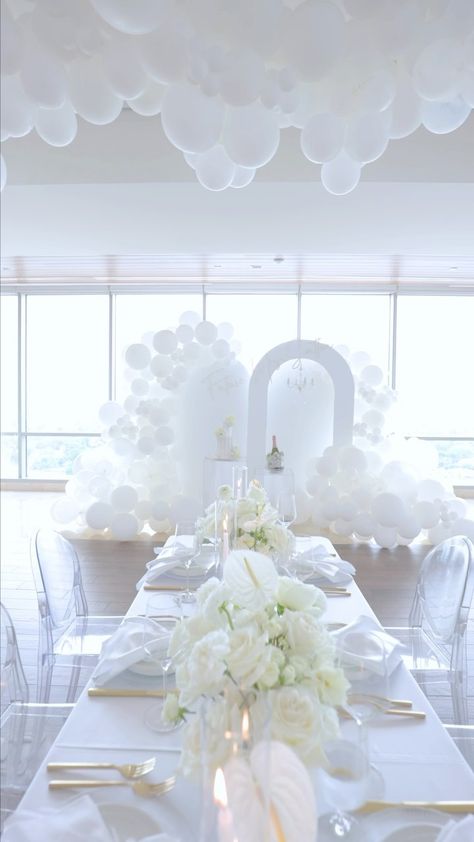 Engagement decor 💗💍 | Instagram All White Gender Reveal Party Decor, White Gender Reveal Decorations, Shes On Cloud 9 Bridal, Cloud 9 Backdrop, Gender Reveal White Theme, All White Gender Reveal, Heaven Sent Gender Reveal, All White Gender Reveal Party, All White Baby Shower Theme