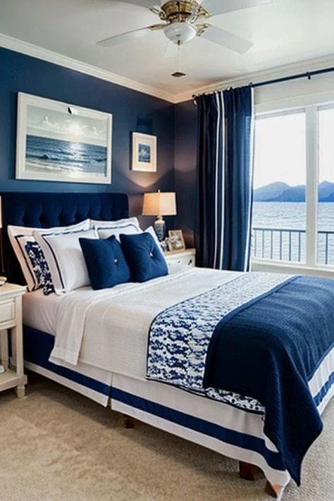 Mom Bedroom, Blue White Bedroom, Unique Bedroom Ideas, Navy Bedrooms, Blue Bedroom Ideas, Navy Blue Bedrooms, Blue Bedroom Decor, Blue Room, Farmhouse Bedroom Decor