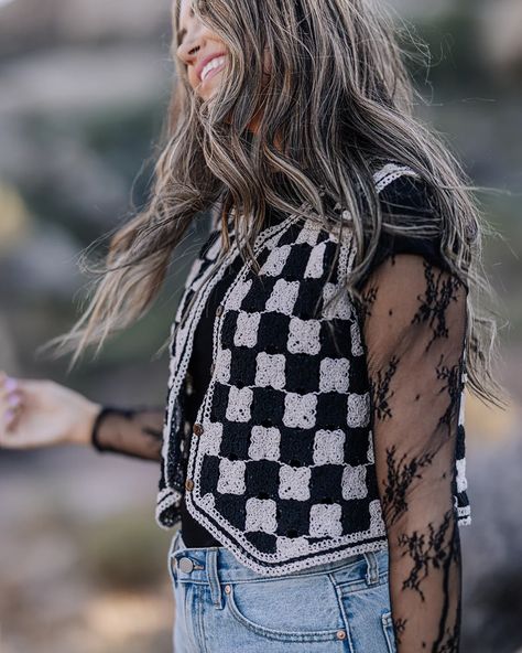 BACK IN STOCK! 🤩 Our crochet checkered vest from our collection with @alyssakatejohnson sold out SO FAST—we had no choice but to bring it back!! Tap to shoppp Black And White Checkered Cardigan, Checkered Vest Outfits, Checker Vest Outfit, Checkered Vest, Crochet Checkered, Checker Vest, Vest Outfit, Random Ideas, Vest Outfits